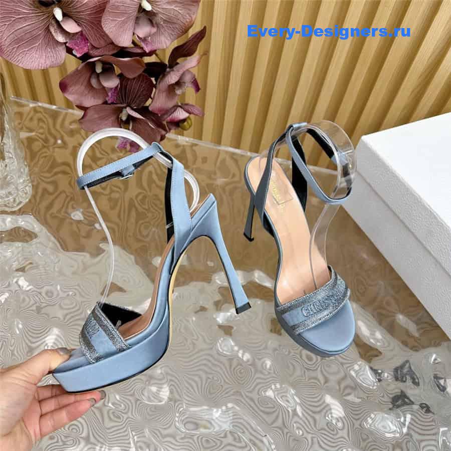 Dway Blue Cotton Embroidered Heeled Sandals