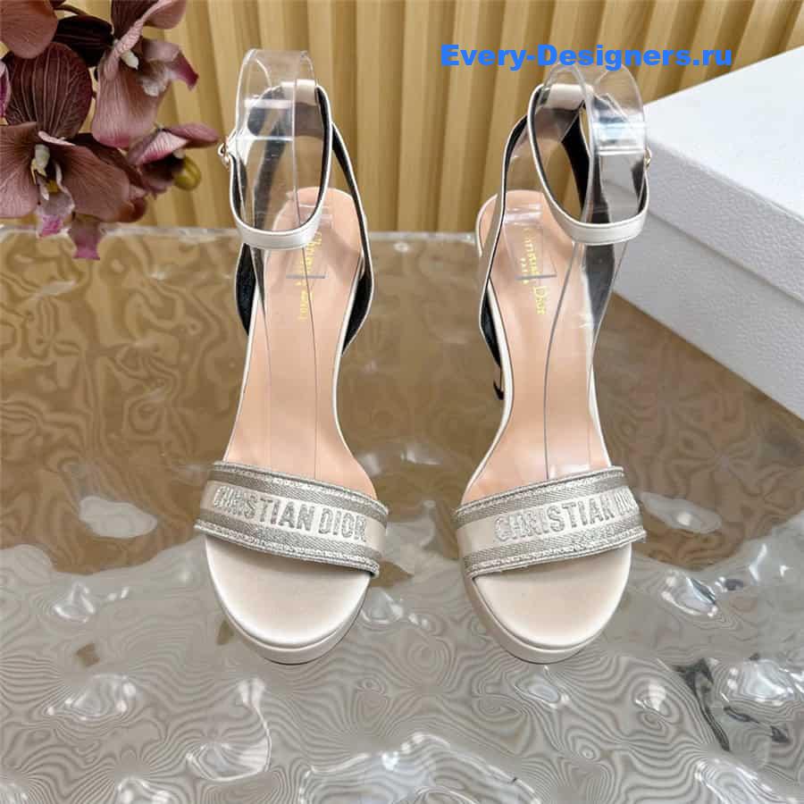 Dway Silver Cotton Embroidered Heeled Sandals