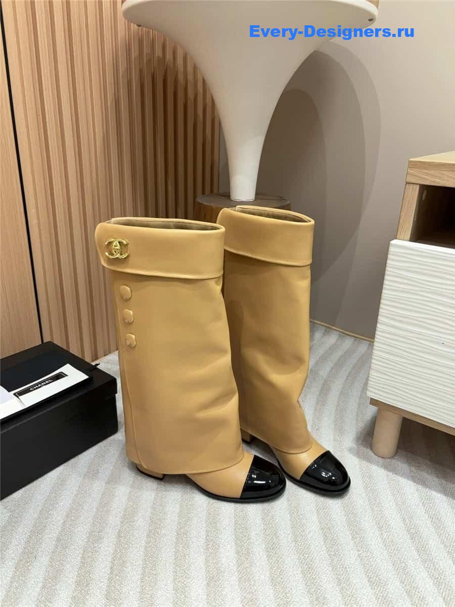 Ch**el brown leather foldover logo high boots