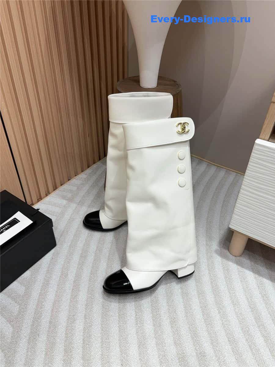 Ch**el white leather foldover logo high boots