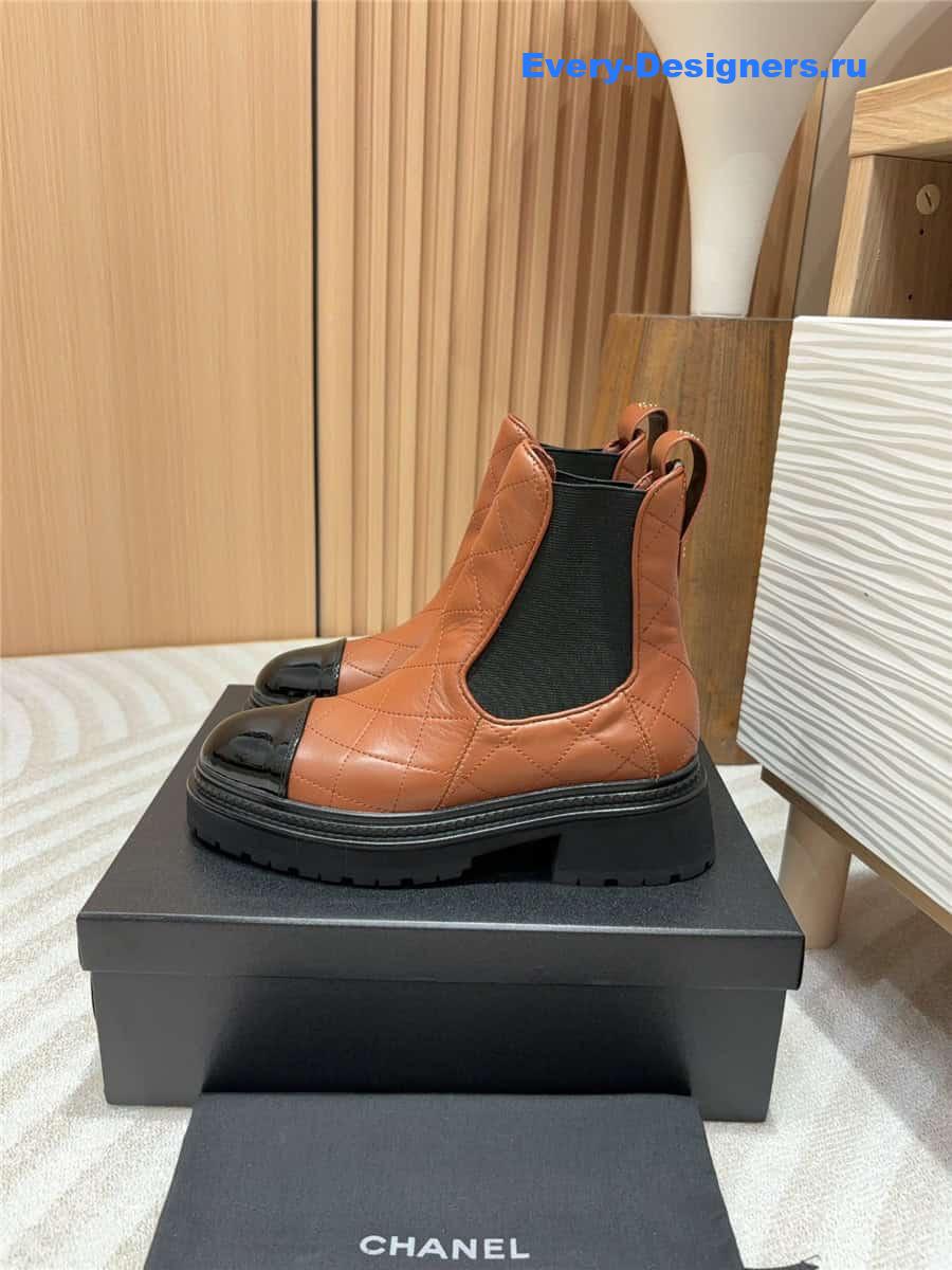 Ch**el brown calfskin patent cap toe ankle boots