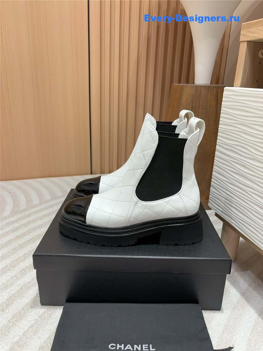 Ch**el white calfskin patent cap toe quilted ankle boots