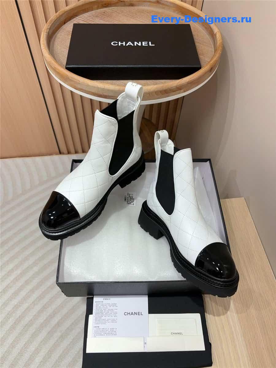 Ch**el white calfskin patent cap toe quilted ankle boots