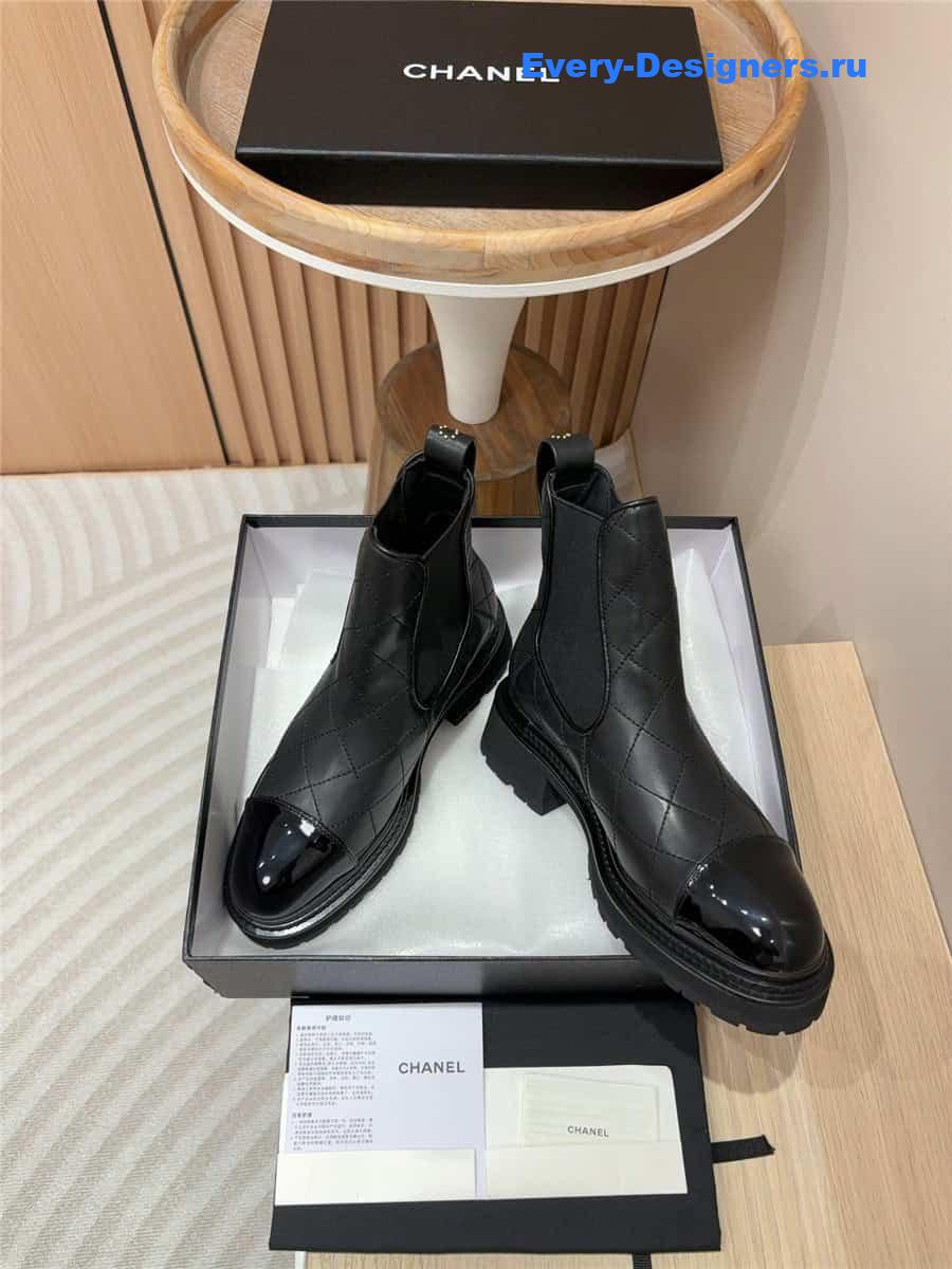 Ch**el calfskin patent cap toe quilted ankle boots