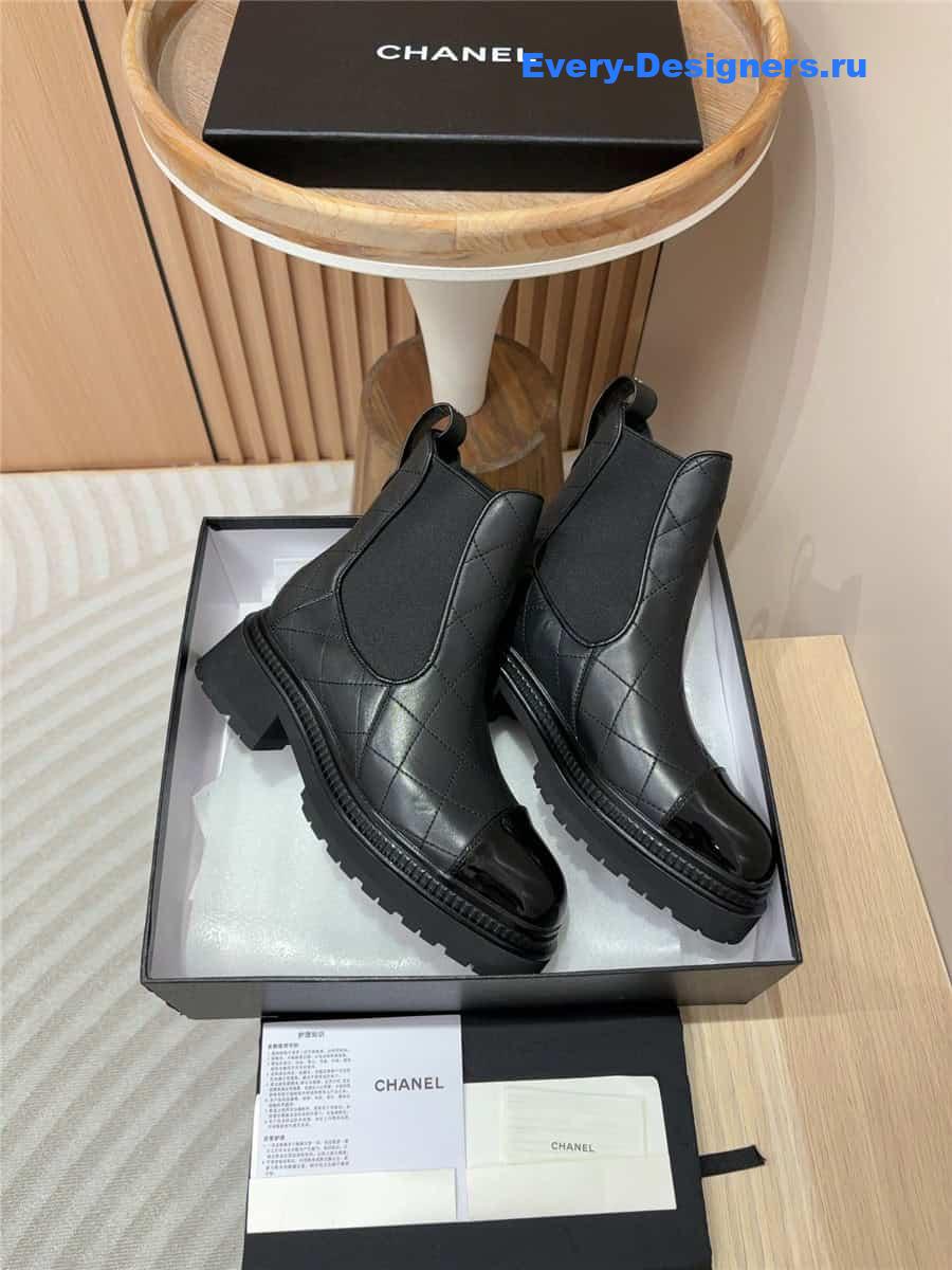 Ch**el calfskin patent cap toe quilted ankle boots