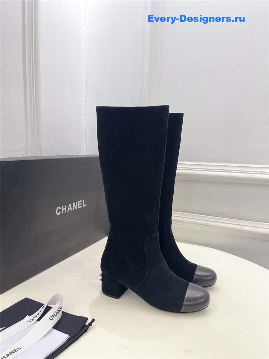 Ch**el black suede leather heeled boots