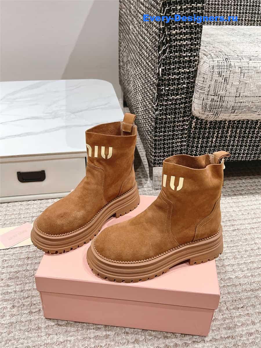 Miu Miu Logo Brown Sedue Platform Ankle Boot