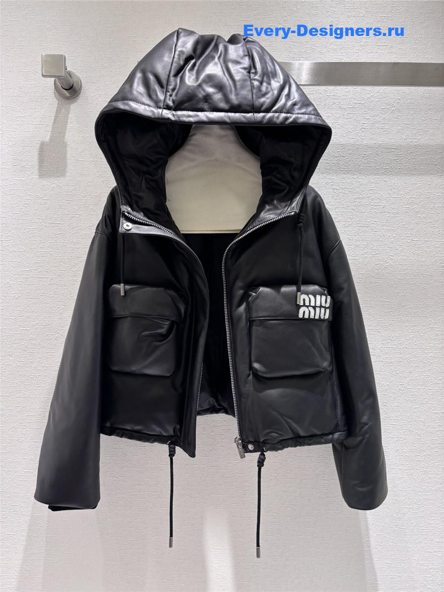 M1um1u hooded leather down jacket