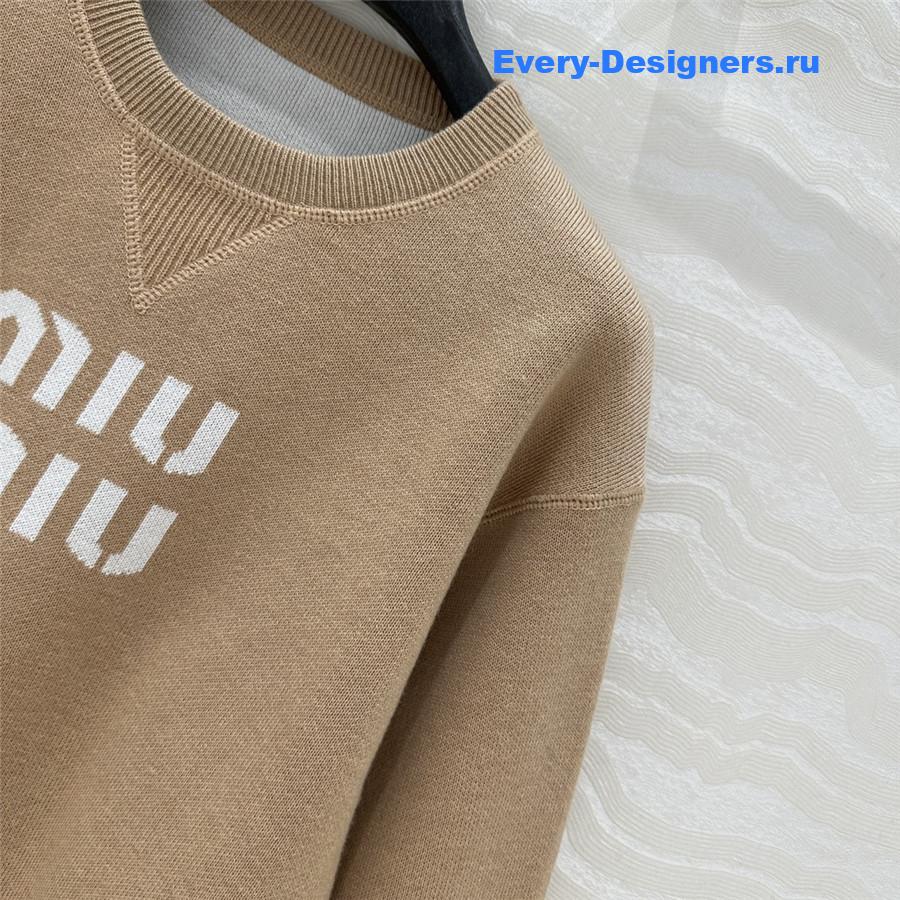 Miu Miu Logo Short Knit Sweater Beige