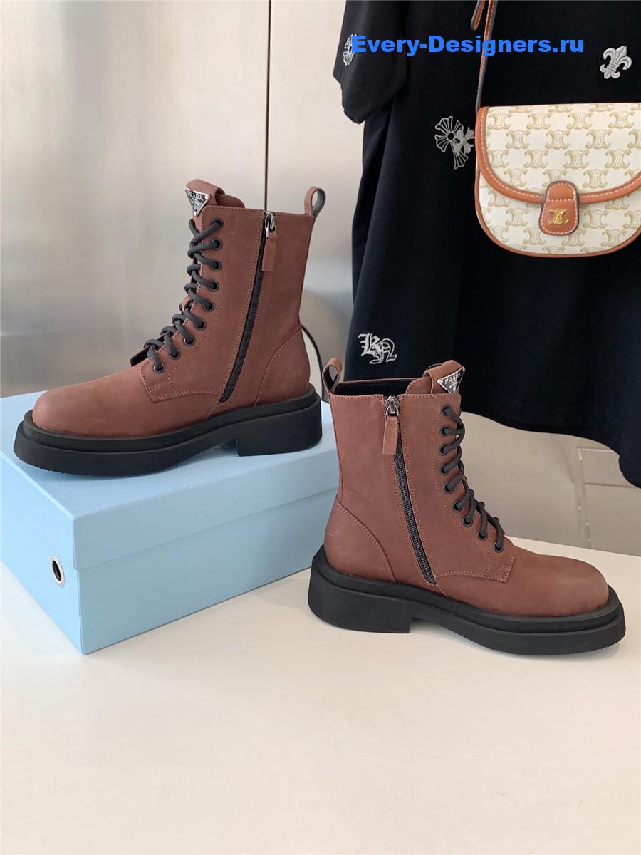 Pra*a calfskin triangle logo brown high top boots