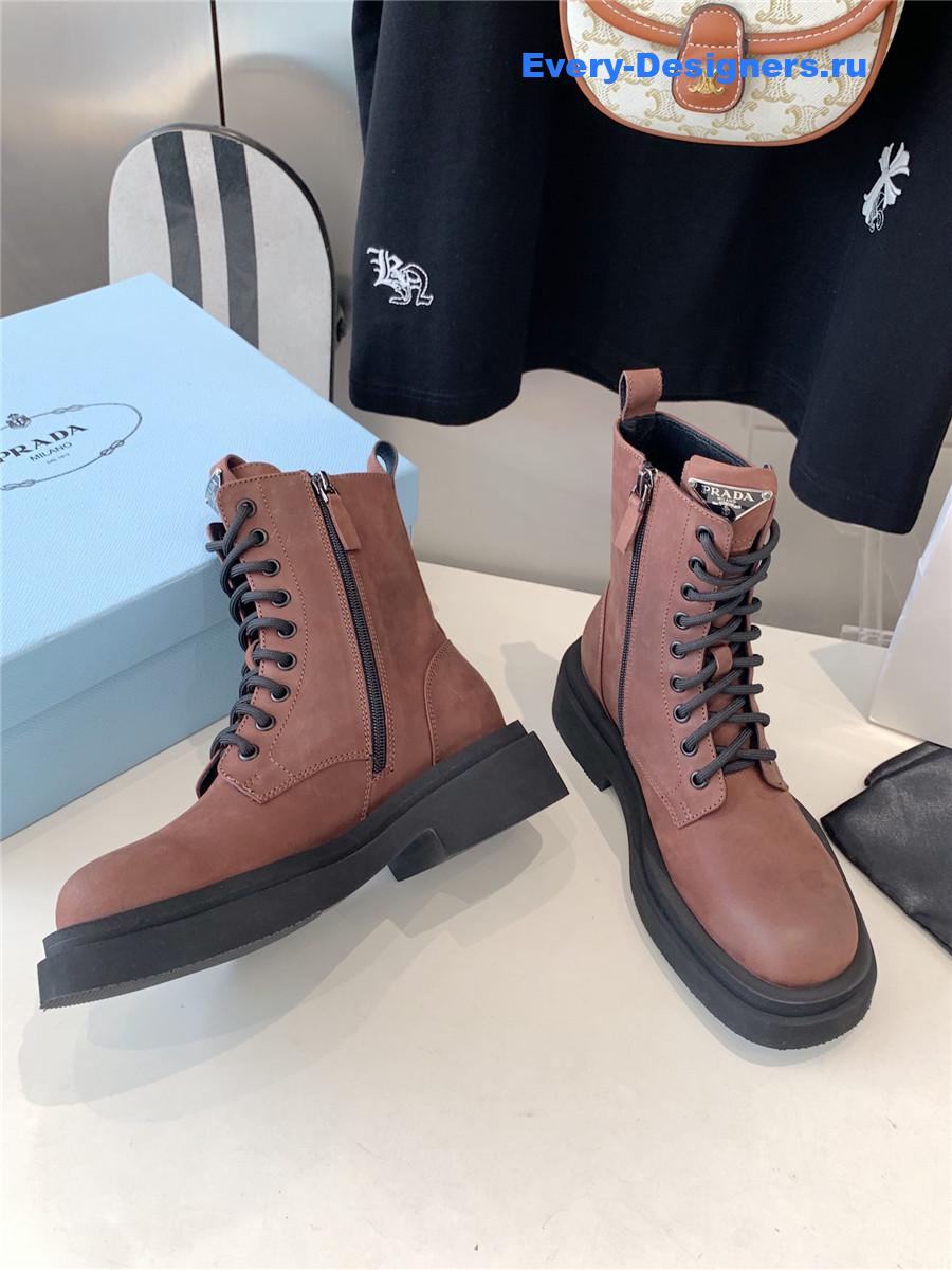 Pra*a calfskin triangle logo brown high top boots