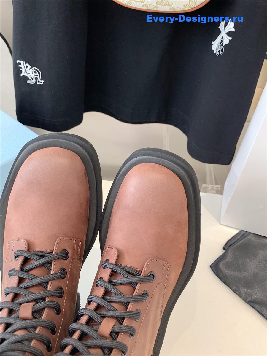 Pra*a calfskin triangle logo brown high top boots