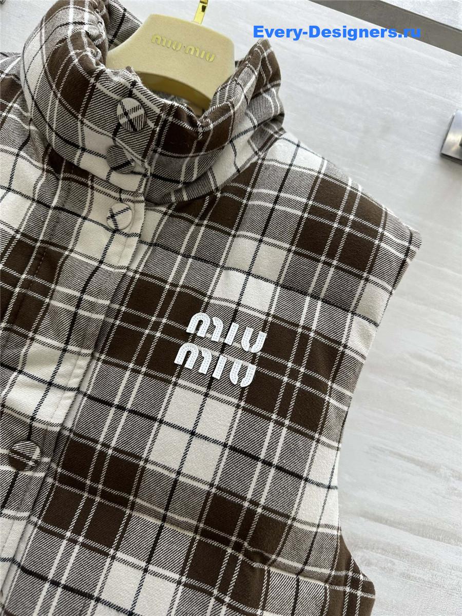 Miu Miu Brown And White Plaid Down Vest
