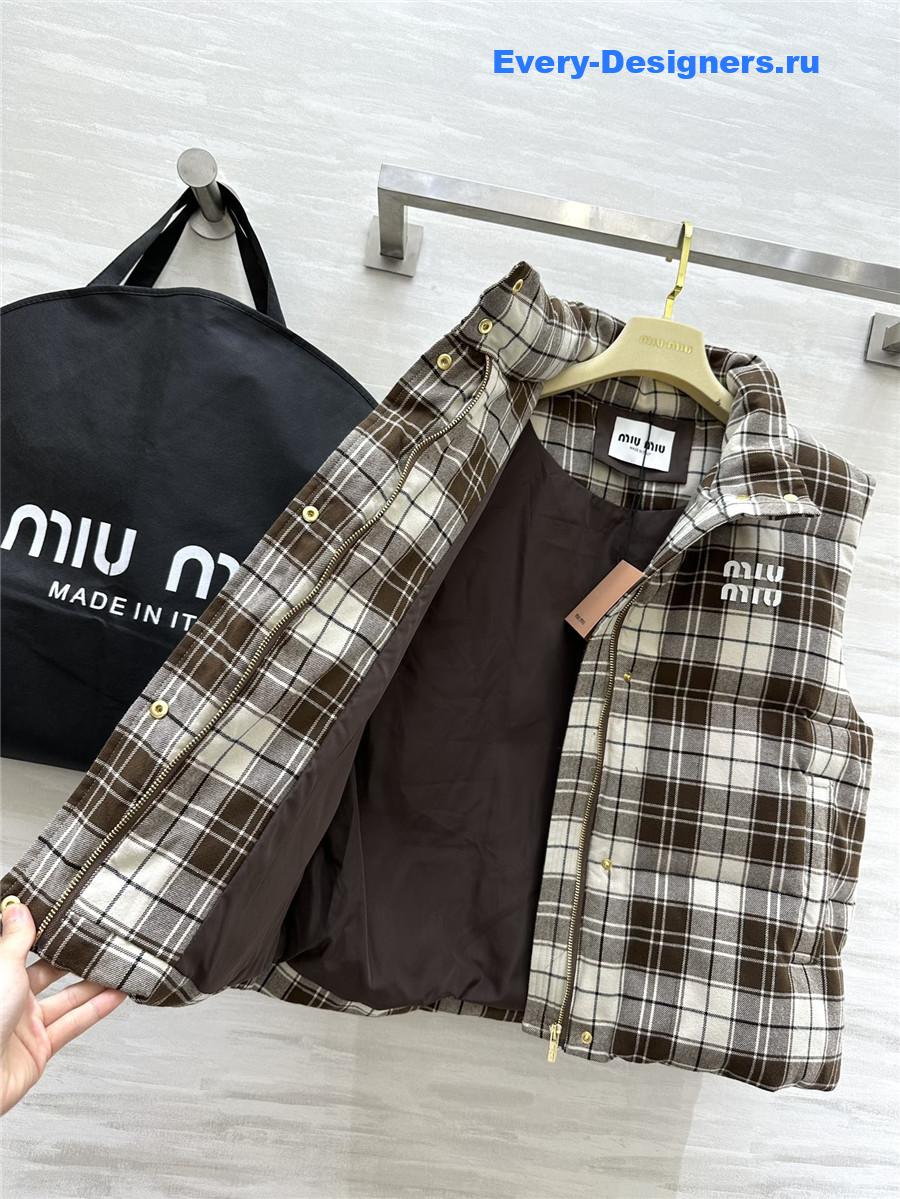 Miu Miu Brown And White Plaid Down Vest