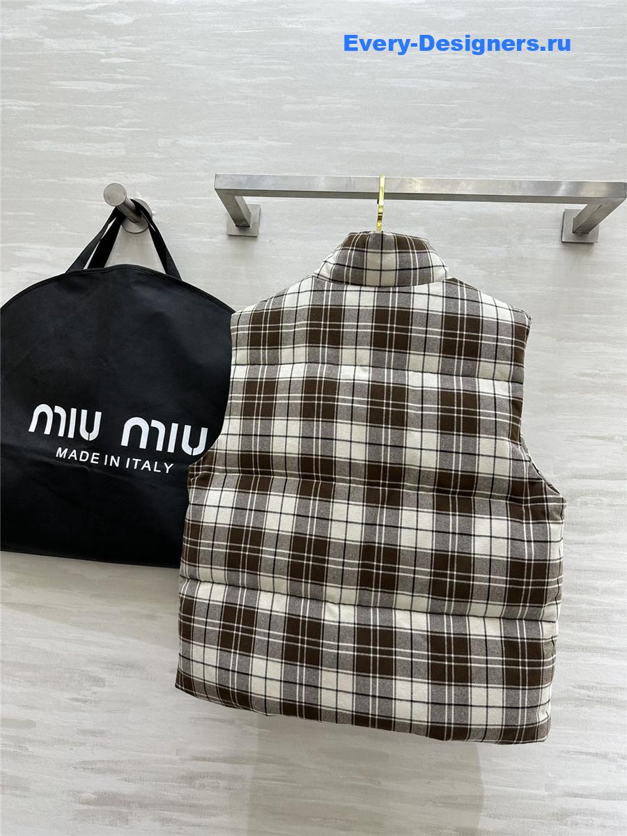 Miu Miu Brown And White Plaid Down Vest