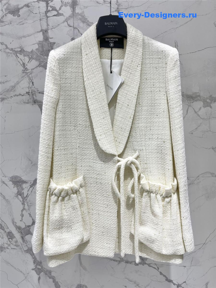 Balmain ruffle pocket tie blazer