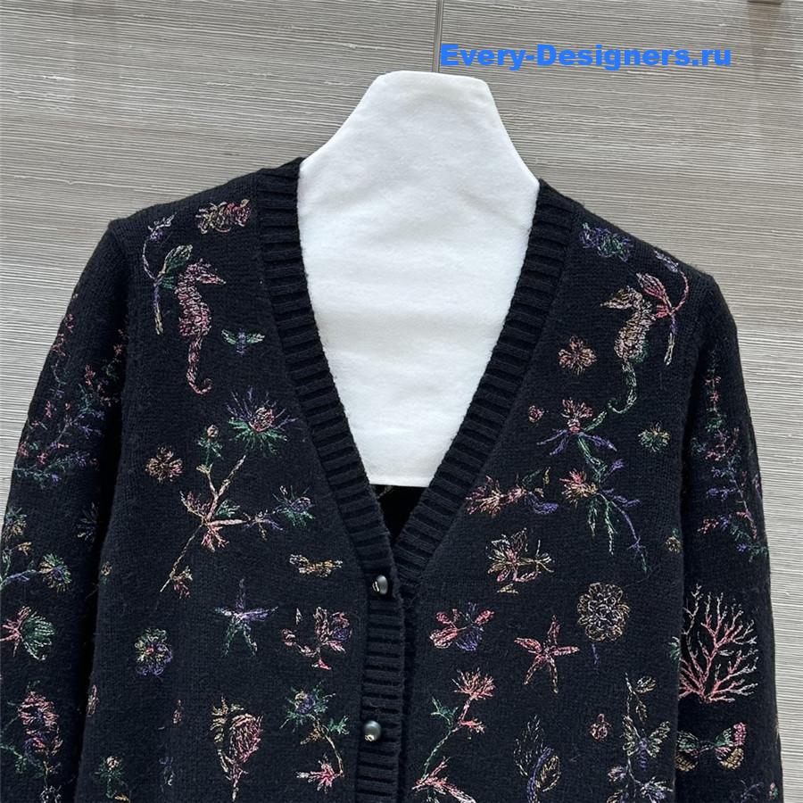 D10r floral embroidery rib-knit cardigan black