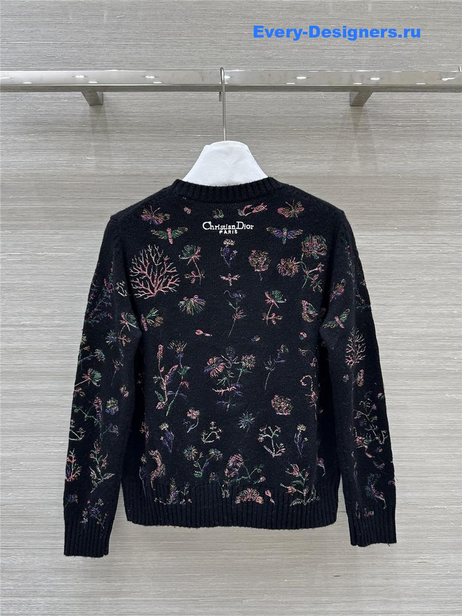 D10r floral embroidery rib-knit cardigan black
