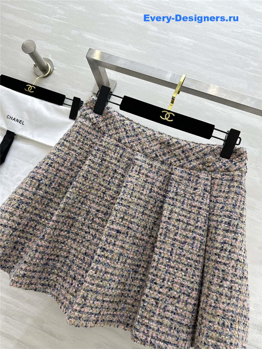 Ch**el wool-woven soft tweed pleated skirt