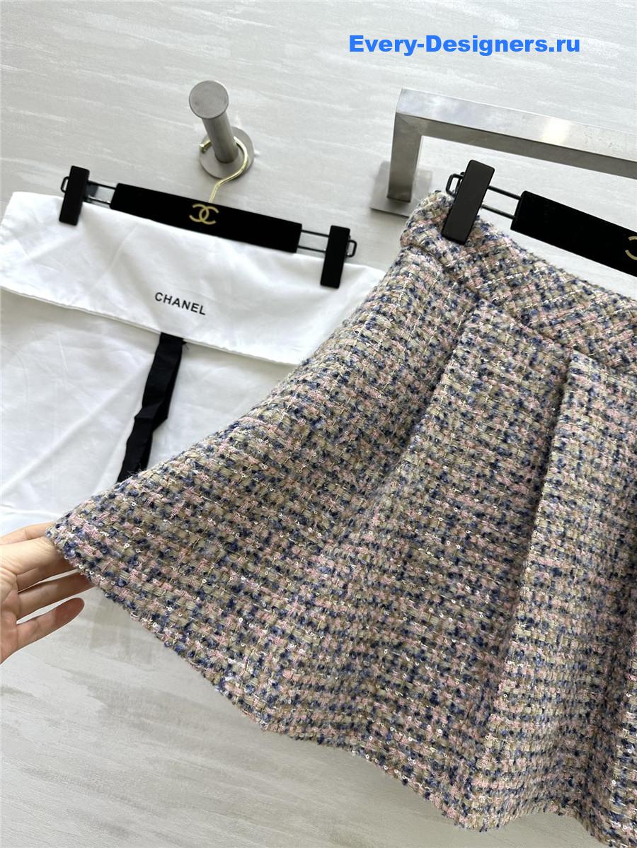 Ch**el wool-woven soft tweed pleated skirt