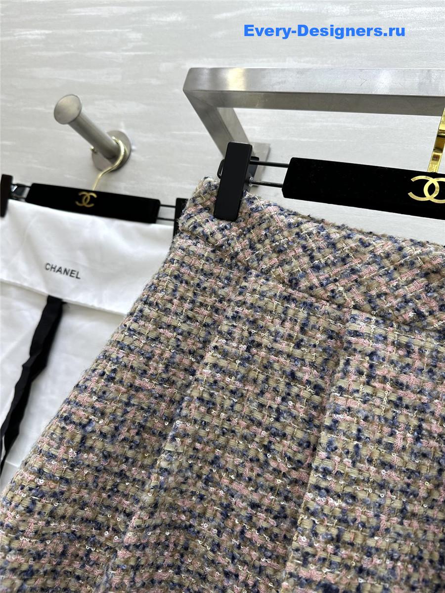 Ch**el wool-woven soft tweed pleated skirt