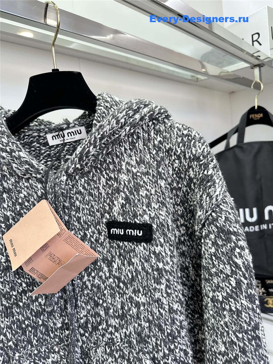 Miu Miu Gray Knitted Hooded Cardigan