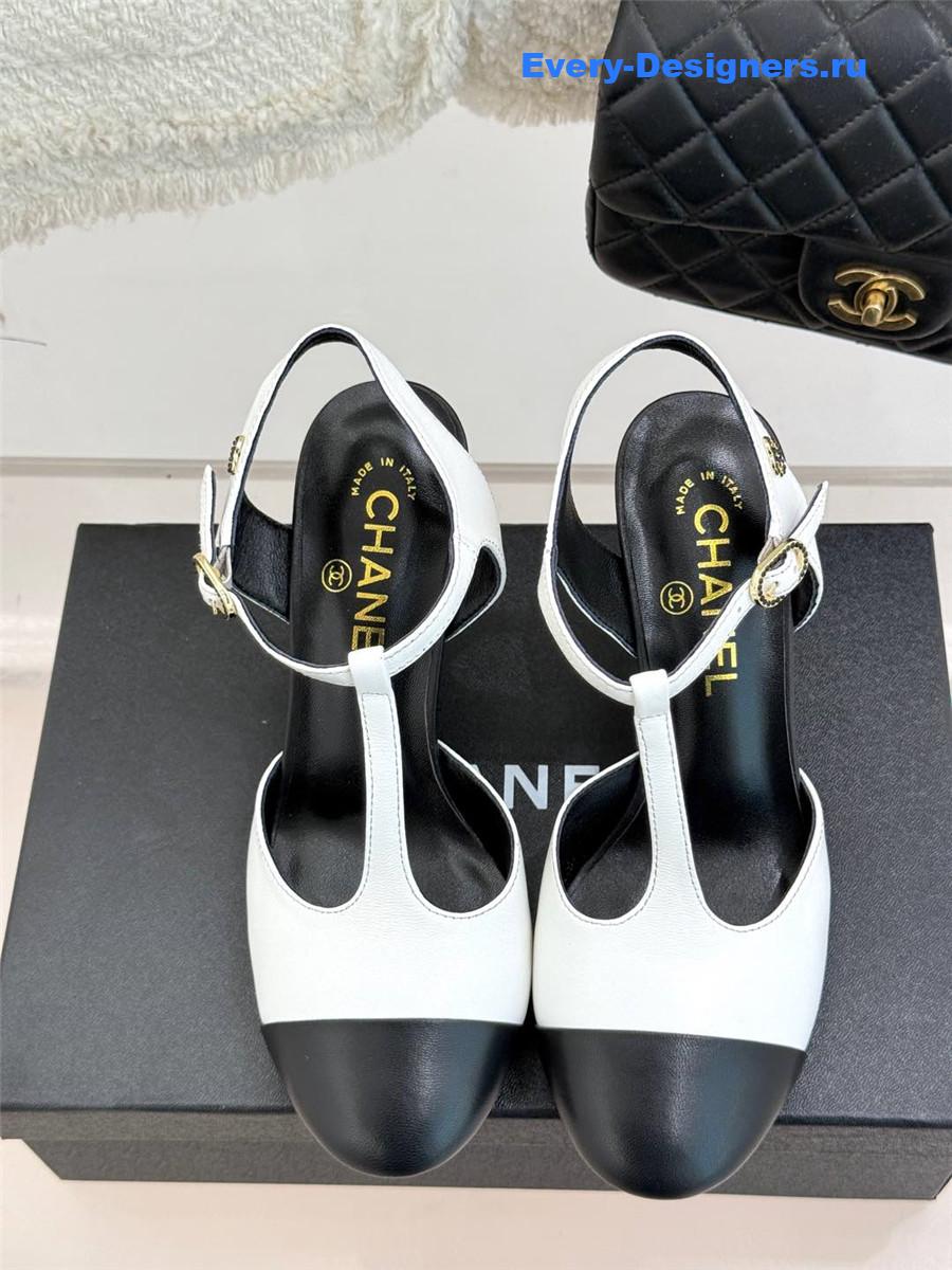 Ch**el t-strap lambskin high heel sandals white