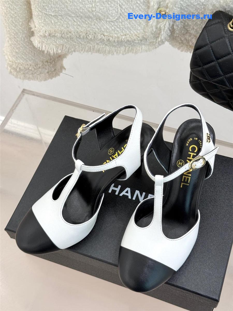 Ch**el t-strap lambskin high heel sandals white