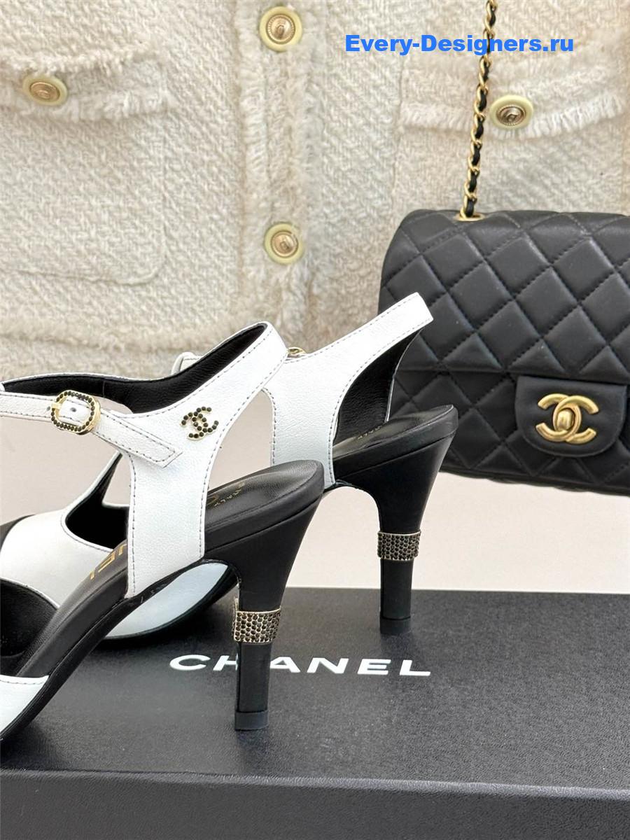 Ch**el t-strap lambskin high heel sandals white