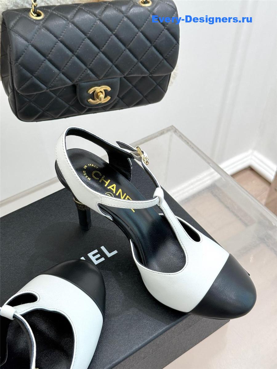 Ch**el t-strap lambskin high heel sandals white