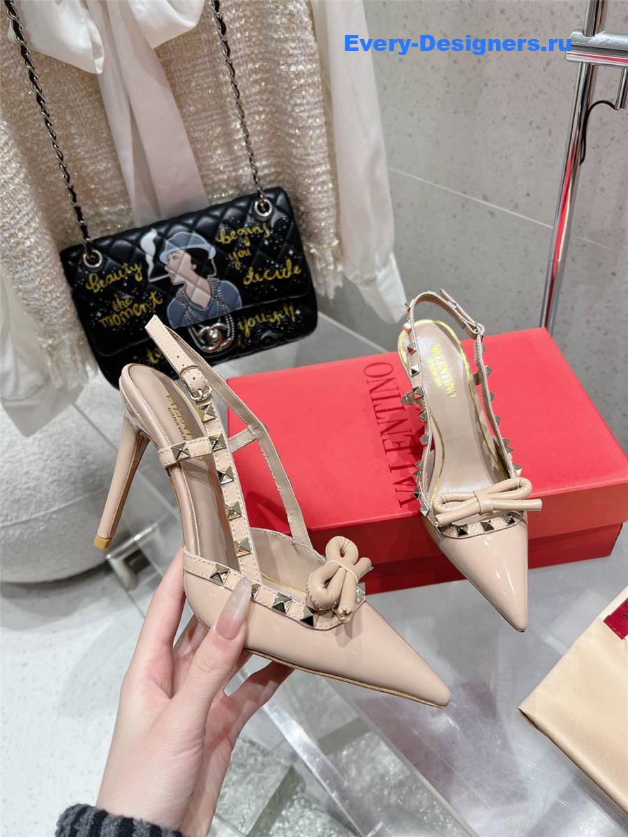 Va1e*ntin0 rockstud bow patent leather pink slingback pump