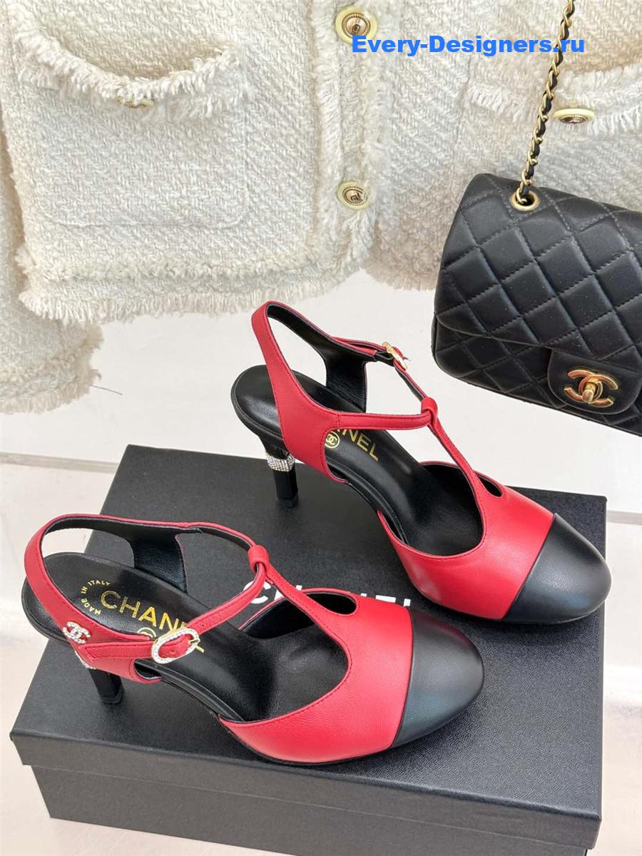 Ch**el t-strap lambskin high heel sandals red