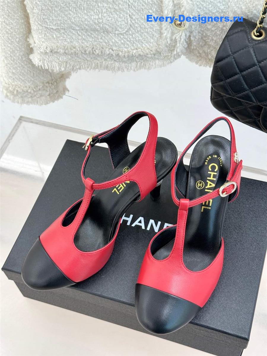 Ch**el t-strap lambskin high heel sandals red