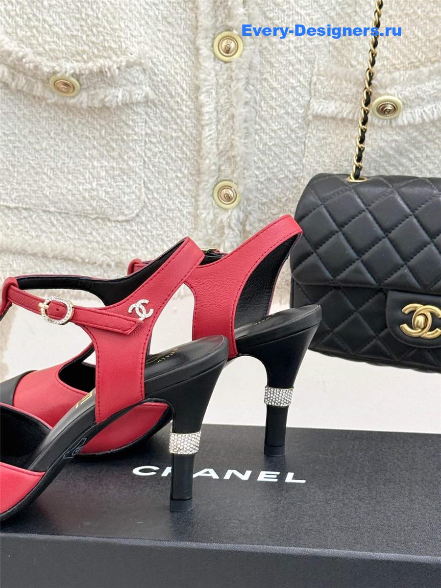 Ch**el t-strap lambskin high heel sandals red