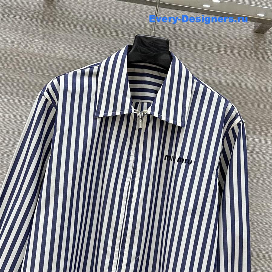 Miu Miu Embroidered Logo Striped Shirt Blue