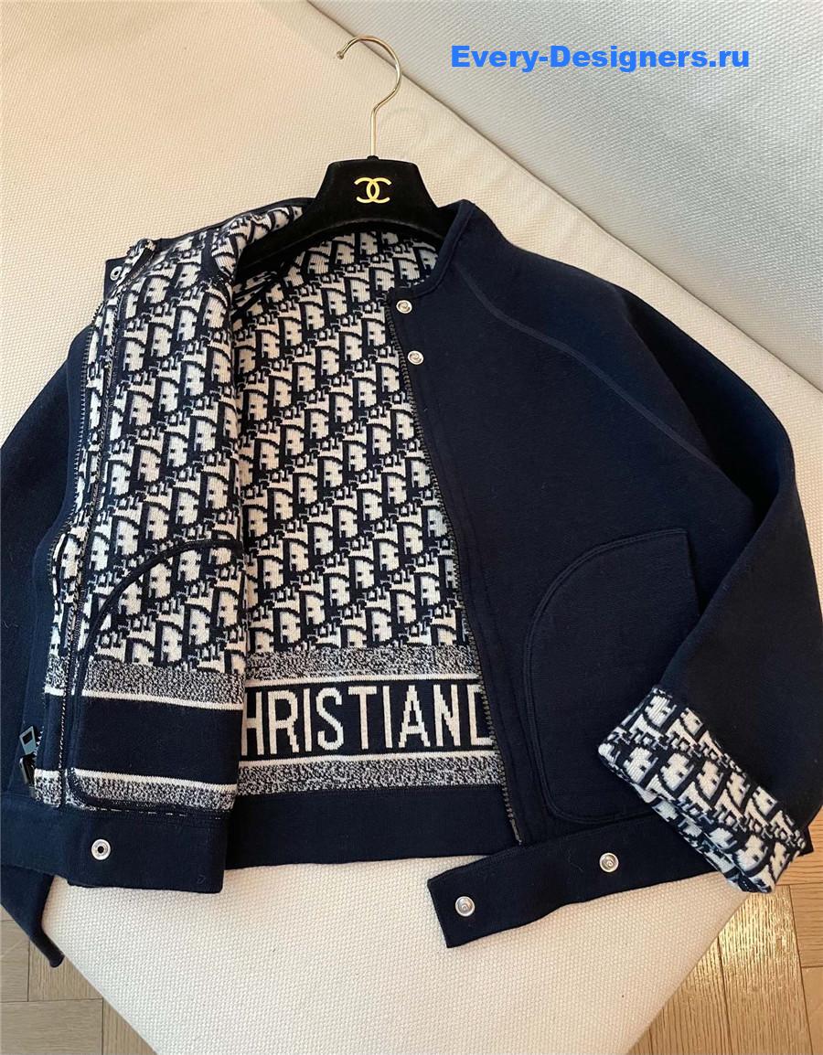 D10r oblique knitted wool zip-up jacket blue