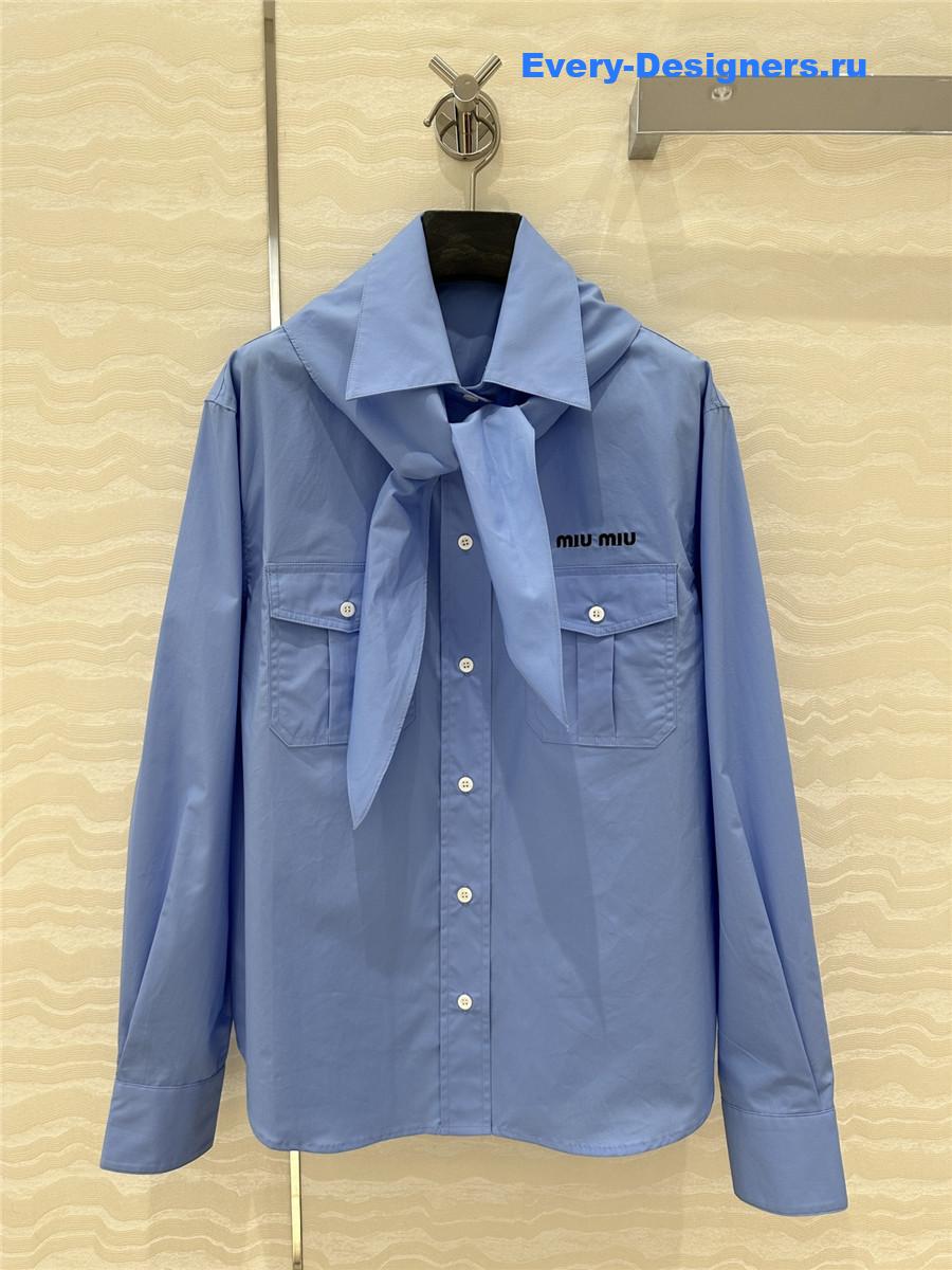 Miu Miu Embroidered Logo Scarf Tie Shirt Blue