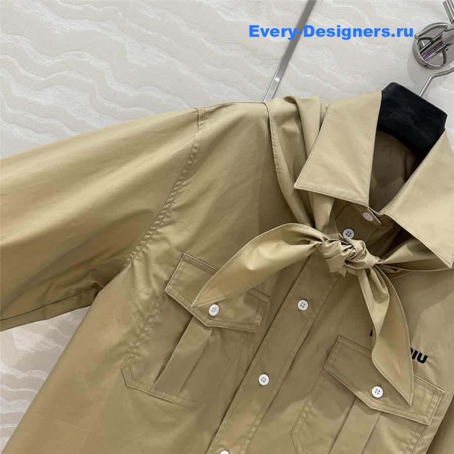 Miu Miu Embroidered Logo Scarf Tie Shirt Beige