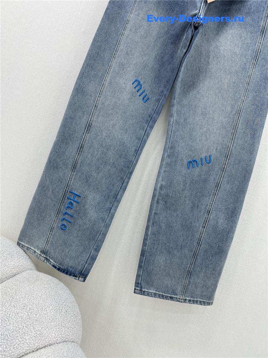 Miu Miu Blue Embroidered Logo Straight Jeans