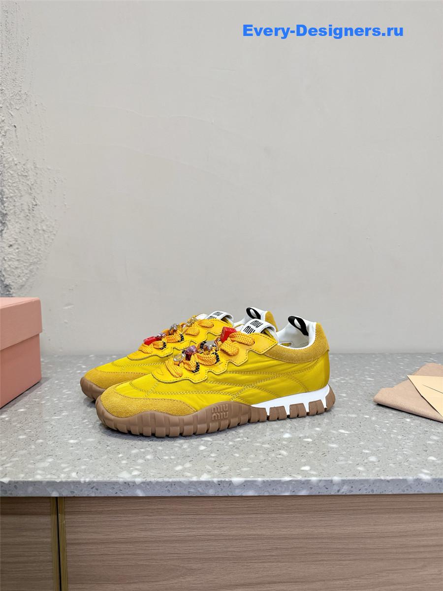 Miu Miu Ivory Tyre Technical Fabric Suede Sneakers Yellow