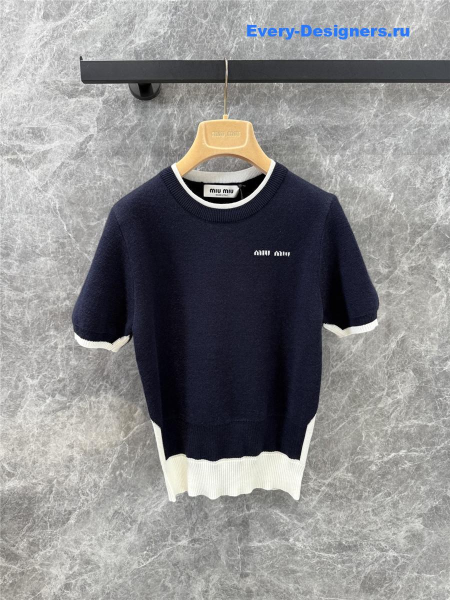 Miu Miu Logo Cashmere Knit Short-Sleeved Top