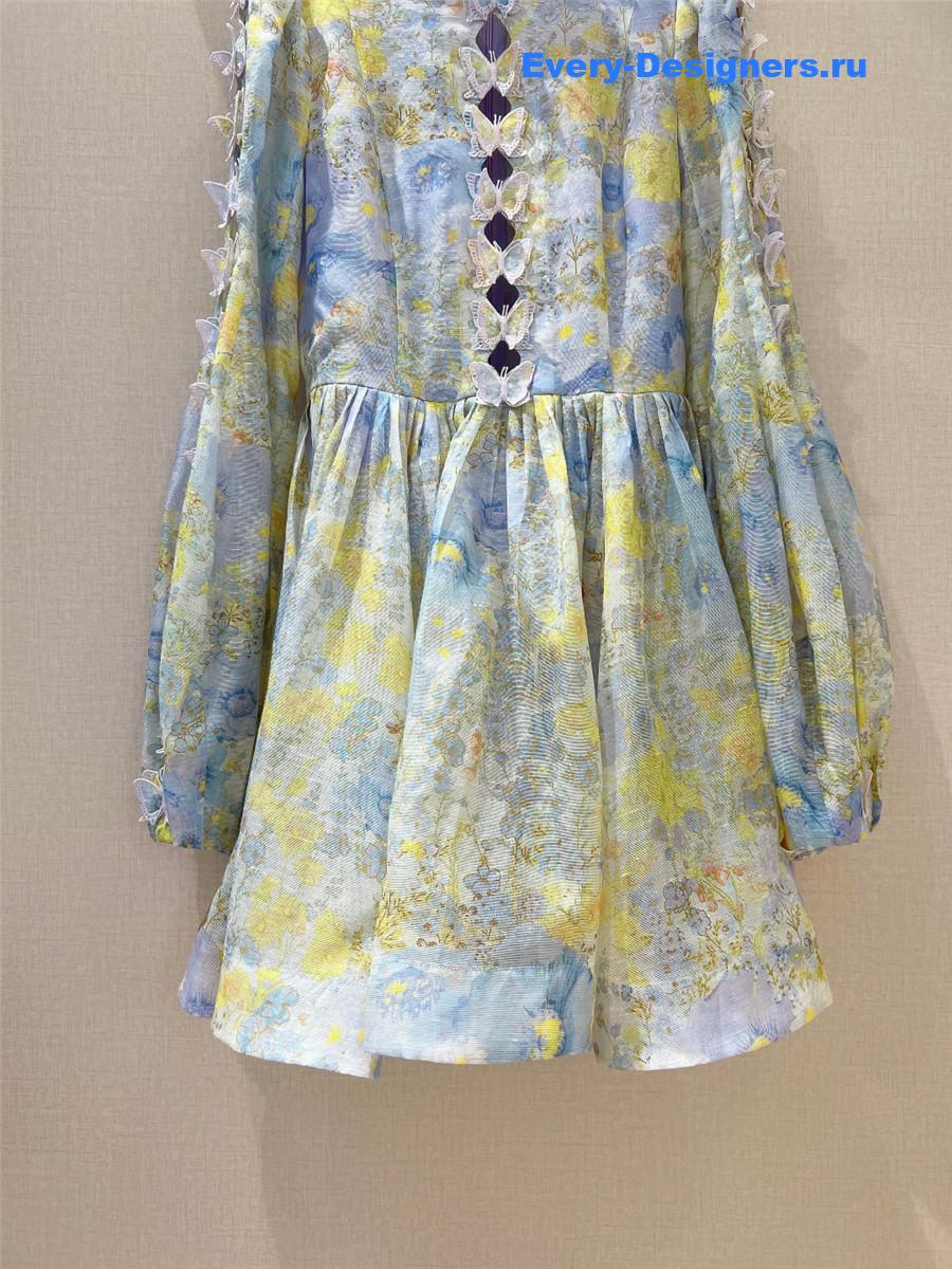Zimm Flutter Butterfly Lace Long Sleeve Linen Dress