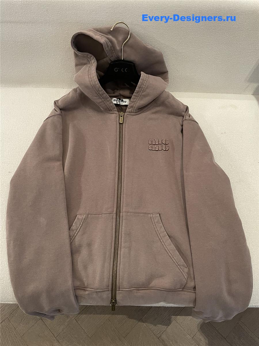 Miu Miu Logo Zip-Up Hoodie in Brown