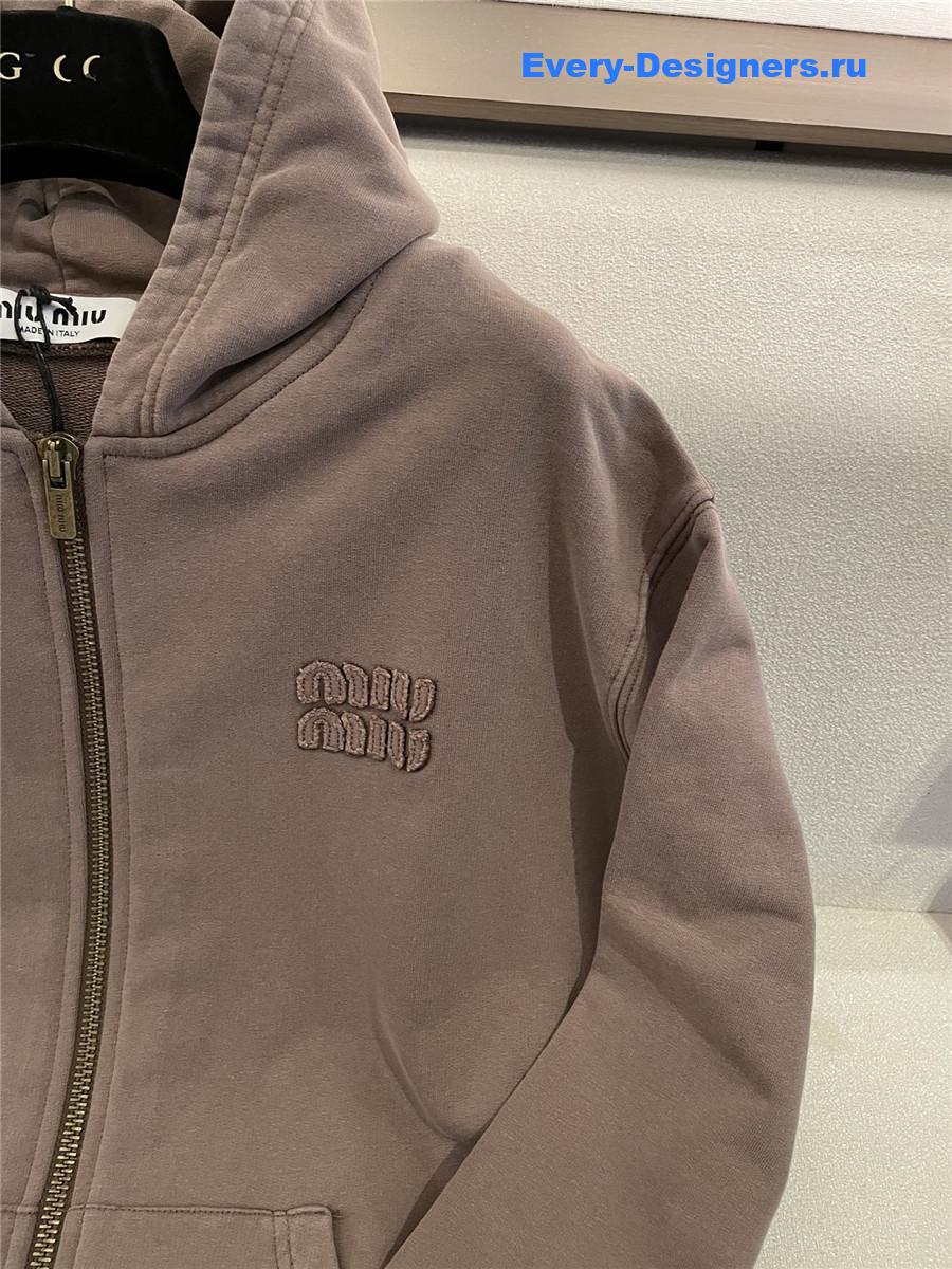 Miu Miu Logo Zip-Up Hoodie in Brown