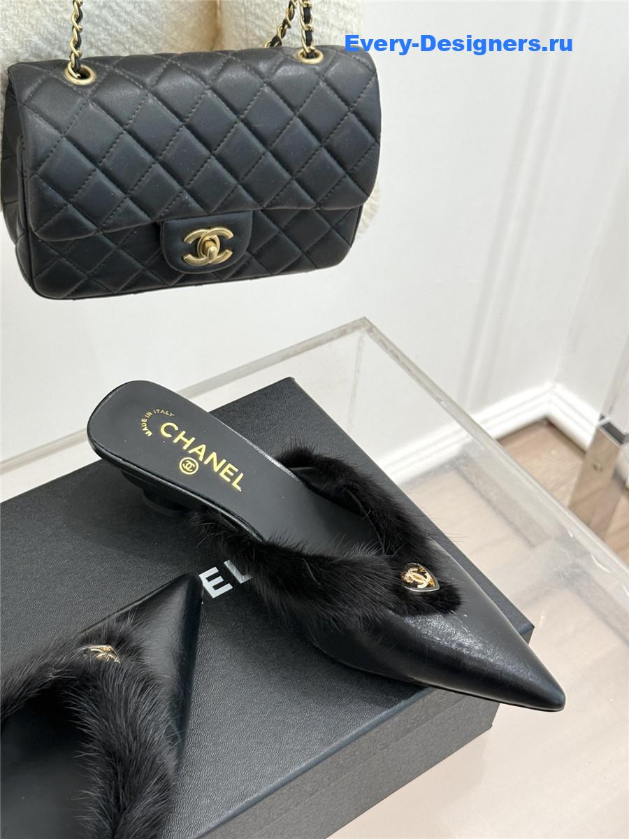 Ch**el rabbit fur pointed toe mules black