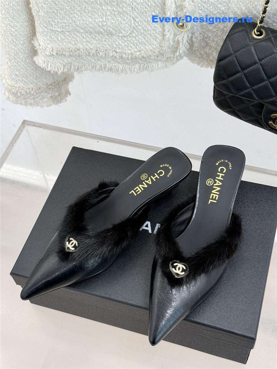 Ch**el rabbit fur pointed toe mules black