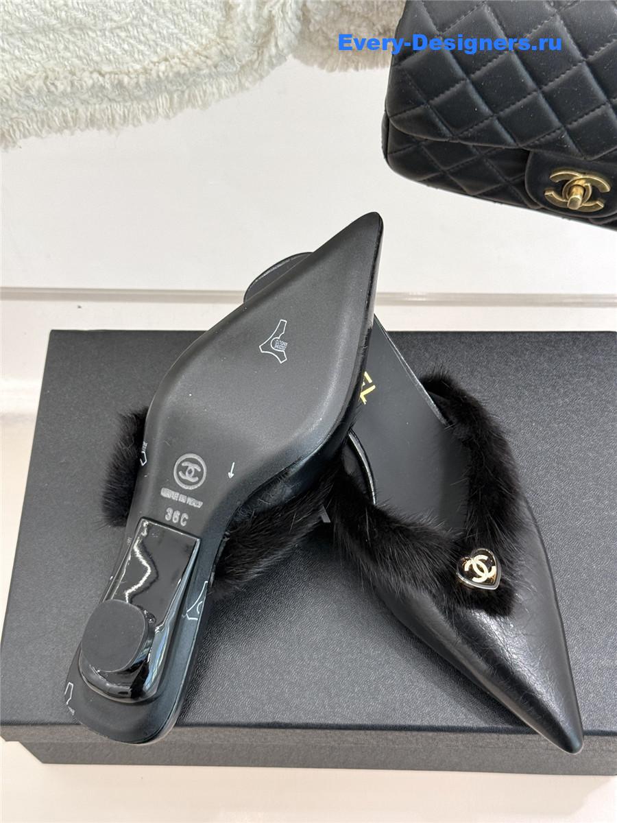 Ch**el rabbit fur pointed toe mules black