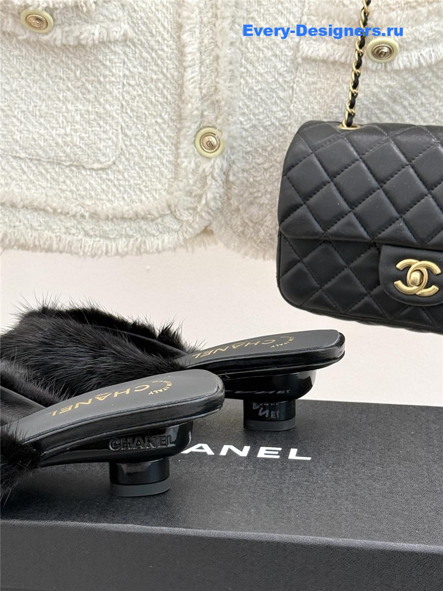 Ch**el rabbit fur pointed toe mules black