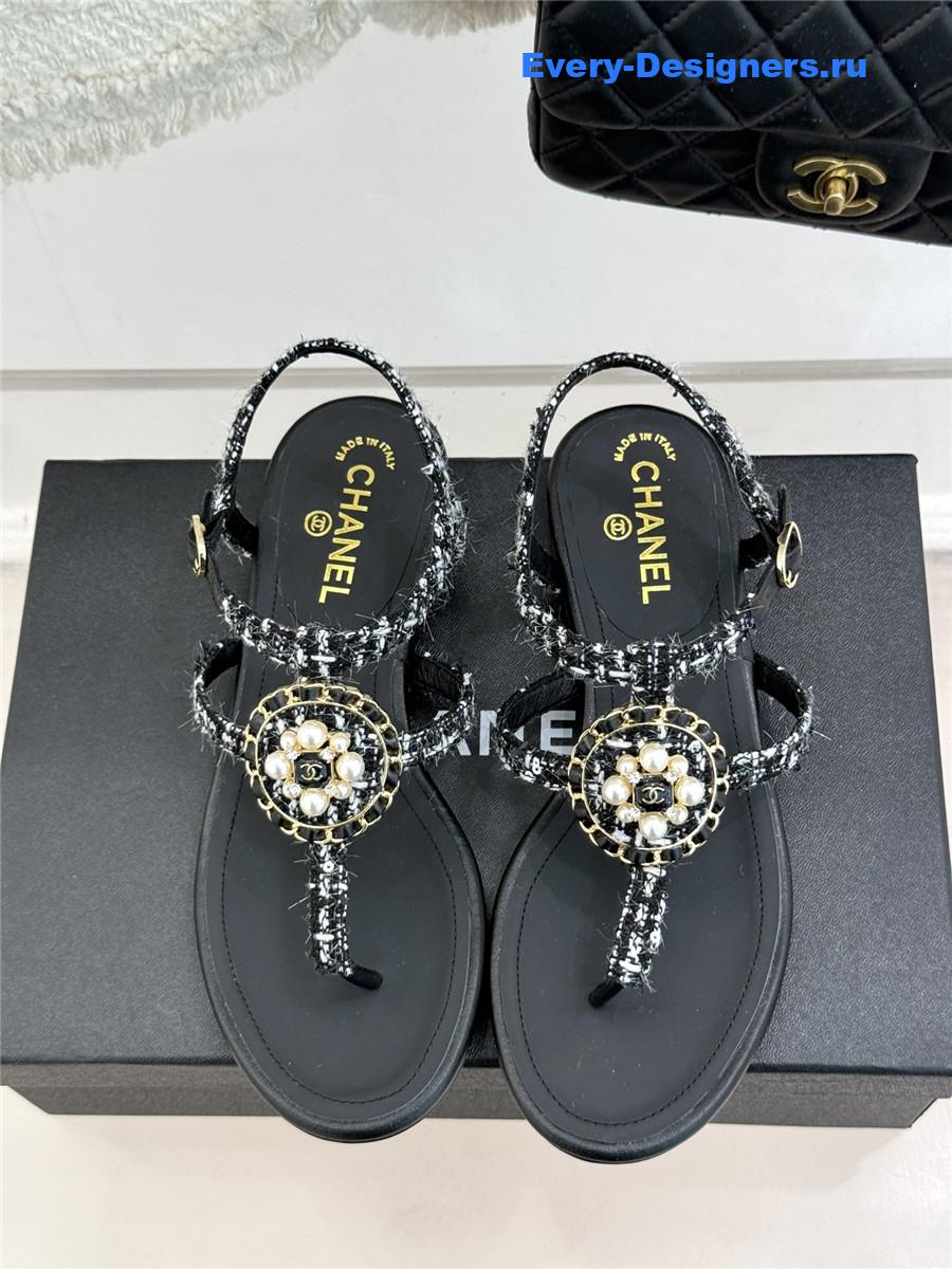 Ch**el camellia pearl tweed flip flops