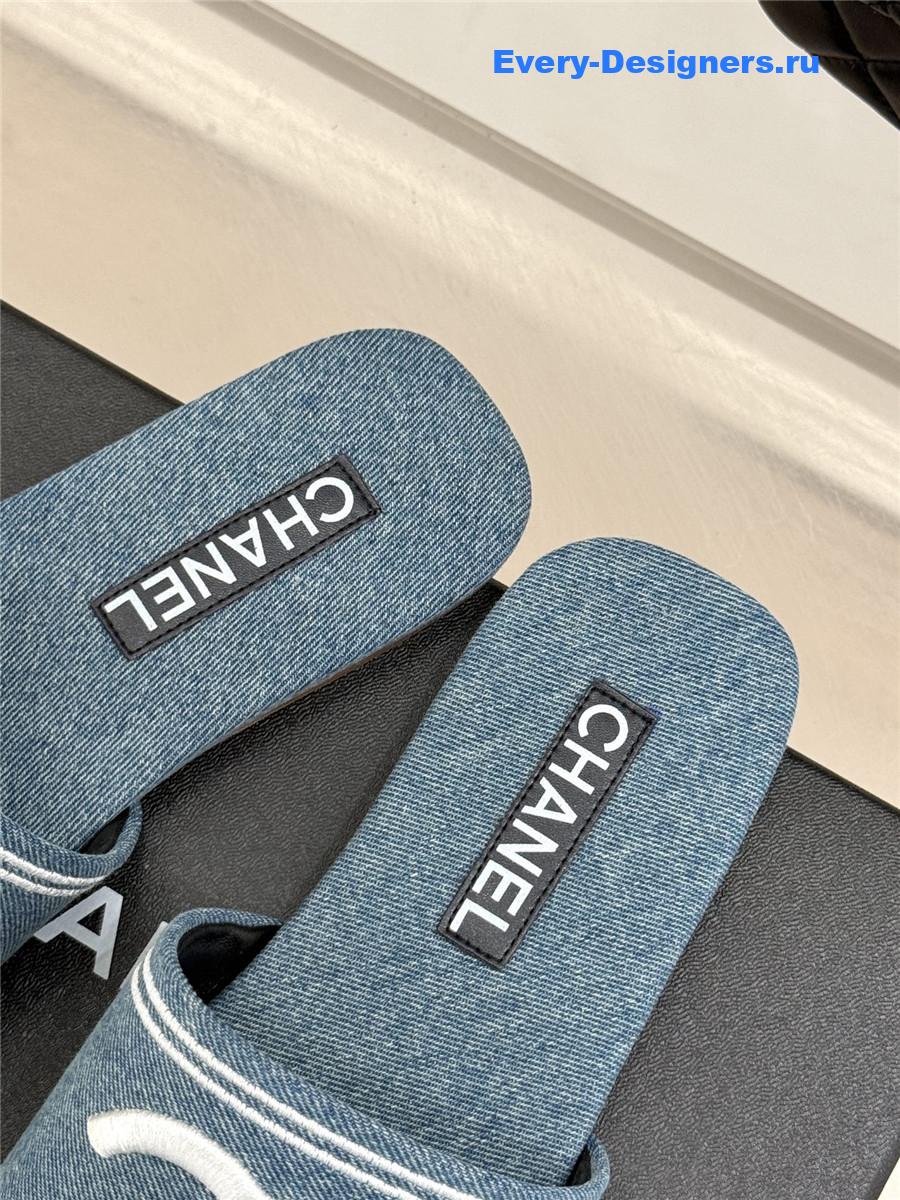 Ch**el light blue denim embroidery flat slippers